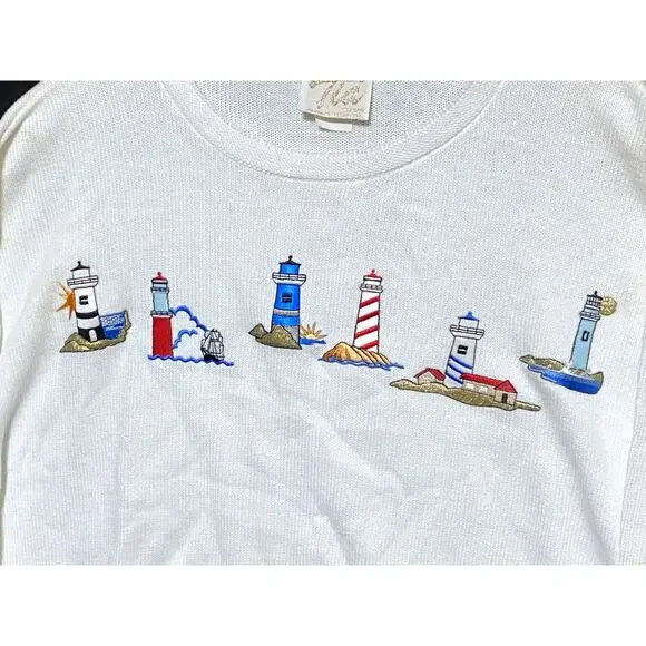 VTG Tia Lighthouse Top Women S Coastal Grandma Beach Cottagecore Embroidered USA - Picture 2 of 6